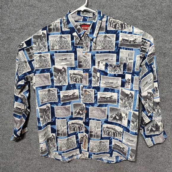 Avirex USA Naval Hawaiian Shirt Mens 2XL Blue Military Postcard AOP VTG 90s Y2K - Picture 1 of 13